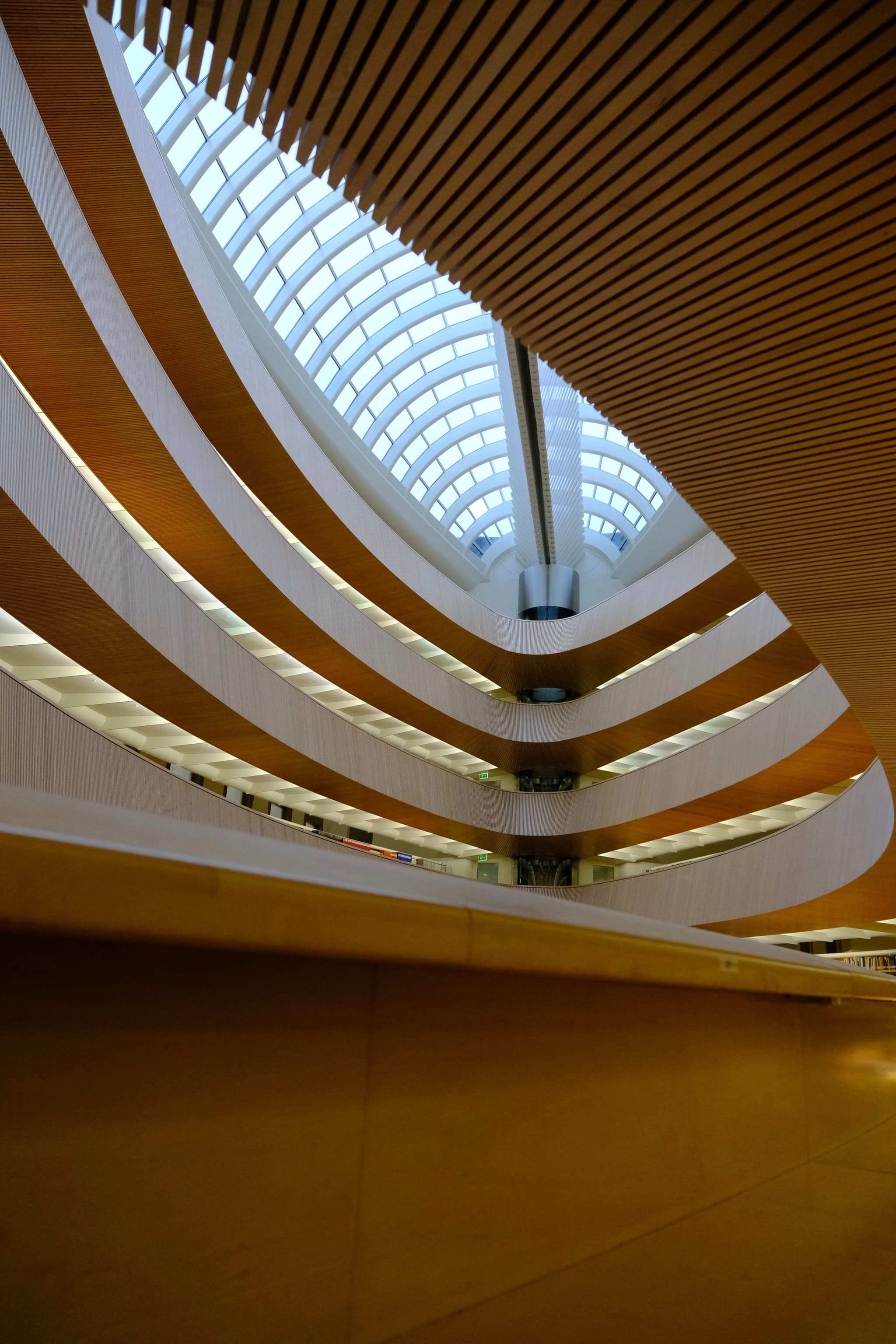 Curved multi-level interior atrium with layered balconies and a long skylight roof letting daylight into the modern building