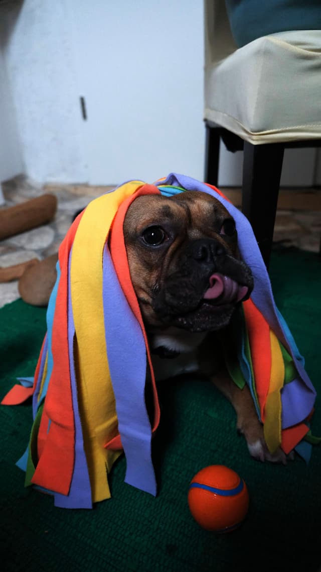 A dog with colorful fabric strips draped over its head, sitting on a green surface with an orange ball nearby