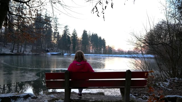 A person in a red jacket sits on a bench facing a tranquil lake surrounded by trees, with a serene winter landscape