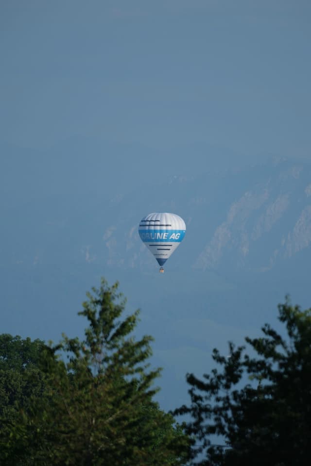 A hot air balloon floats in the sky with mountains in the background and trees in the foreground
