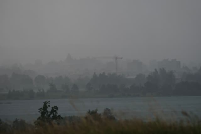 A foggy landscape with a distant view of a city skyline, including a crane, partially obscured by mist. In the foreground, there are silhouettes of trees and grass