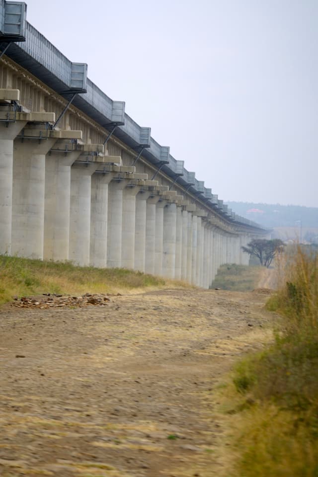 A long elevated railway bridge supported by numerous concrete pillars, with a dirt path running alongside it and grassy vegetation on the right