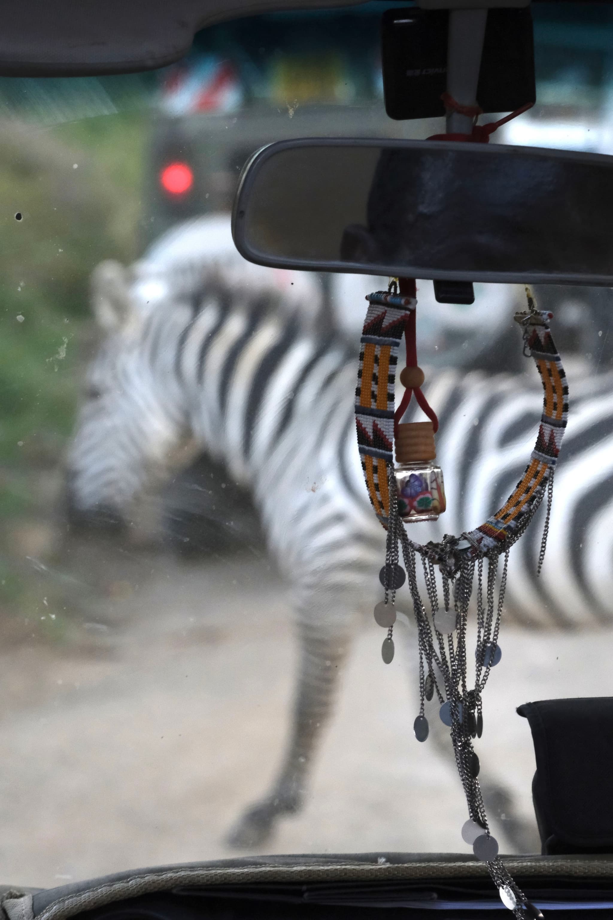 A zebra crossing a dirt road is viewed from inside a vehicle, with a rearview mirror and hanging decorations in the foreground